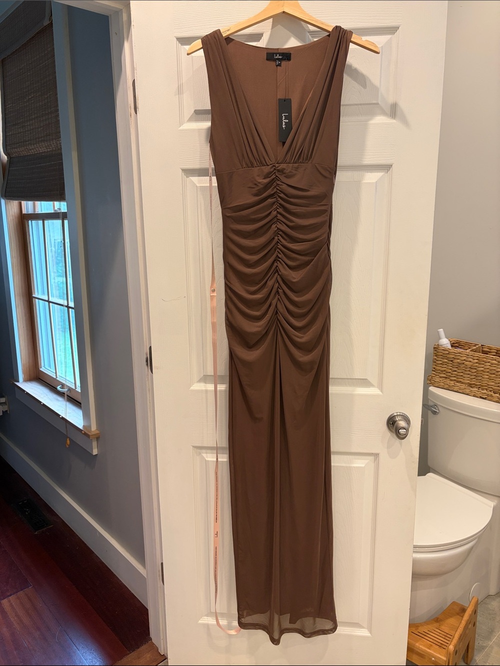 Lulu's Chocolate Brown Ruched V-Neck Maxi Dress